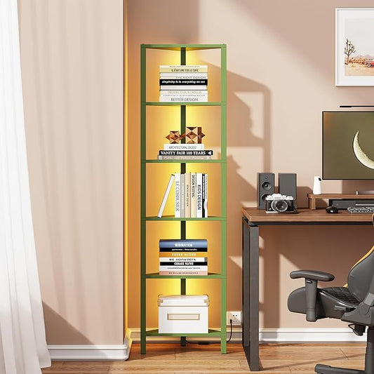 TUTOTAK Corner Shelf with LED Light, 6-Tier Corner Bookshelf