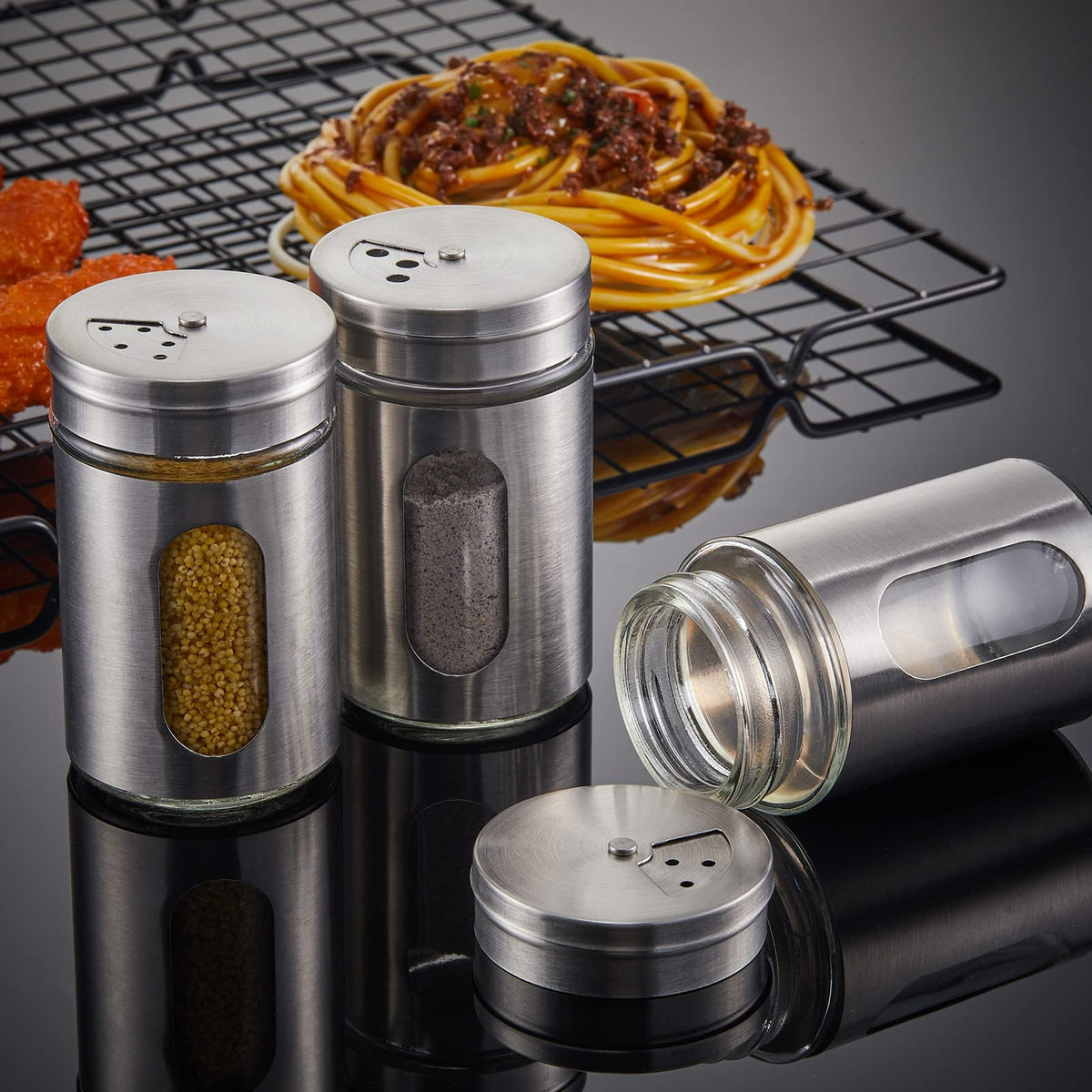 Dandat 12 Pcs Salt and Pepper Shakers Stainless Steel Spice Shakers with Adjustable Pour Holes and Glass Window 3.4oz Salt Dispenser Spice Jars with Rotating Lids for Sugar Seasoning Home