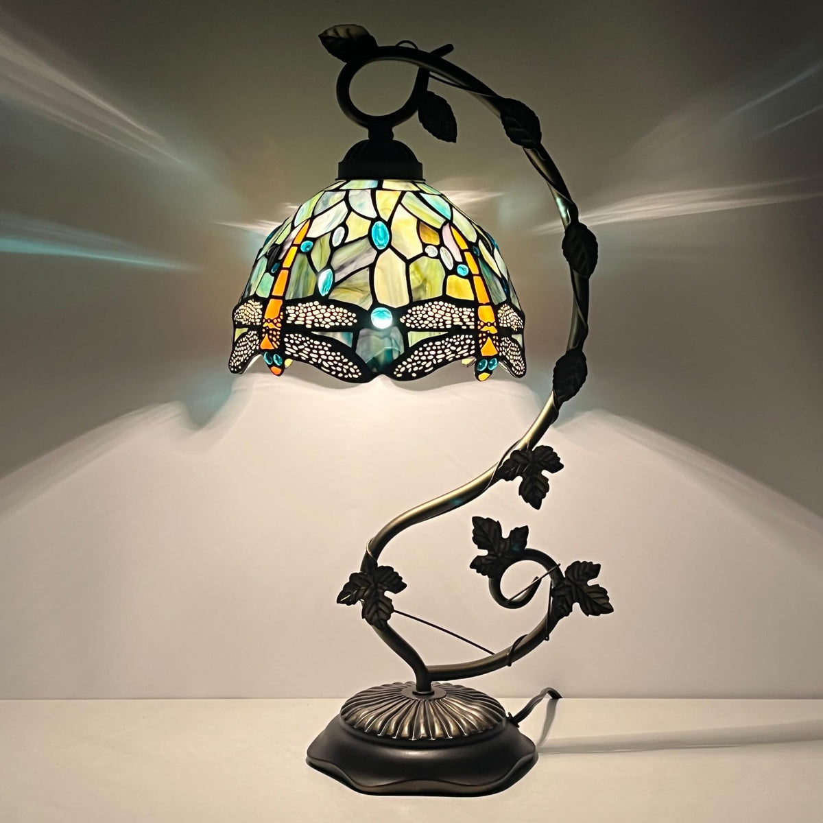 HWDFEI Tiffany Table Lamp, Stained Glass Desk Reading Light,Metal Leaf Table Lamp Base 8X10X21 Inches (Brown Dragonfly)