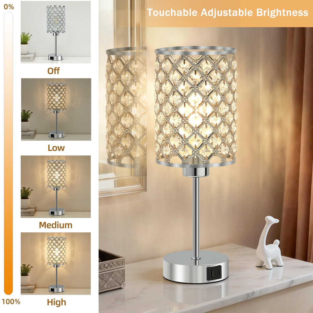 GyroVu Crystal Touch Table Lamp for Bedroom, Silver Desk Lamp with USB-C & USB-A Ports, Dimmable Modern Bedside Lamp for Nightstand, Living Room & Home Office - LED Bulb Included