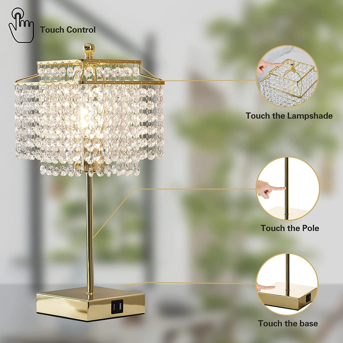 Luvkczc Crystal Touch Table Lamp, Bedside Lamps with with USB C+A Ports, Gold Bedroom Lamp, Dimmable Lamp with Crystal Shade, Nightstand Lamps for Bedroom, Living Room, Bulb Included