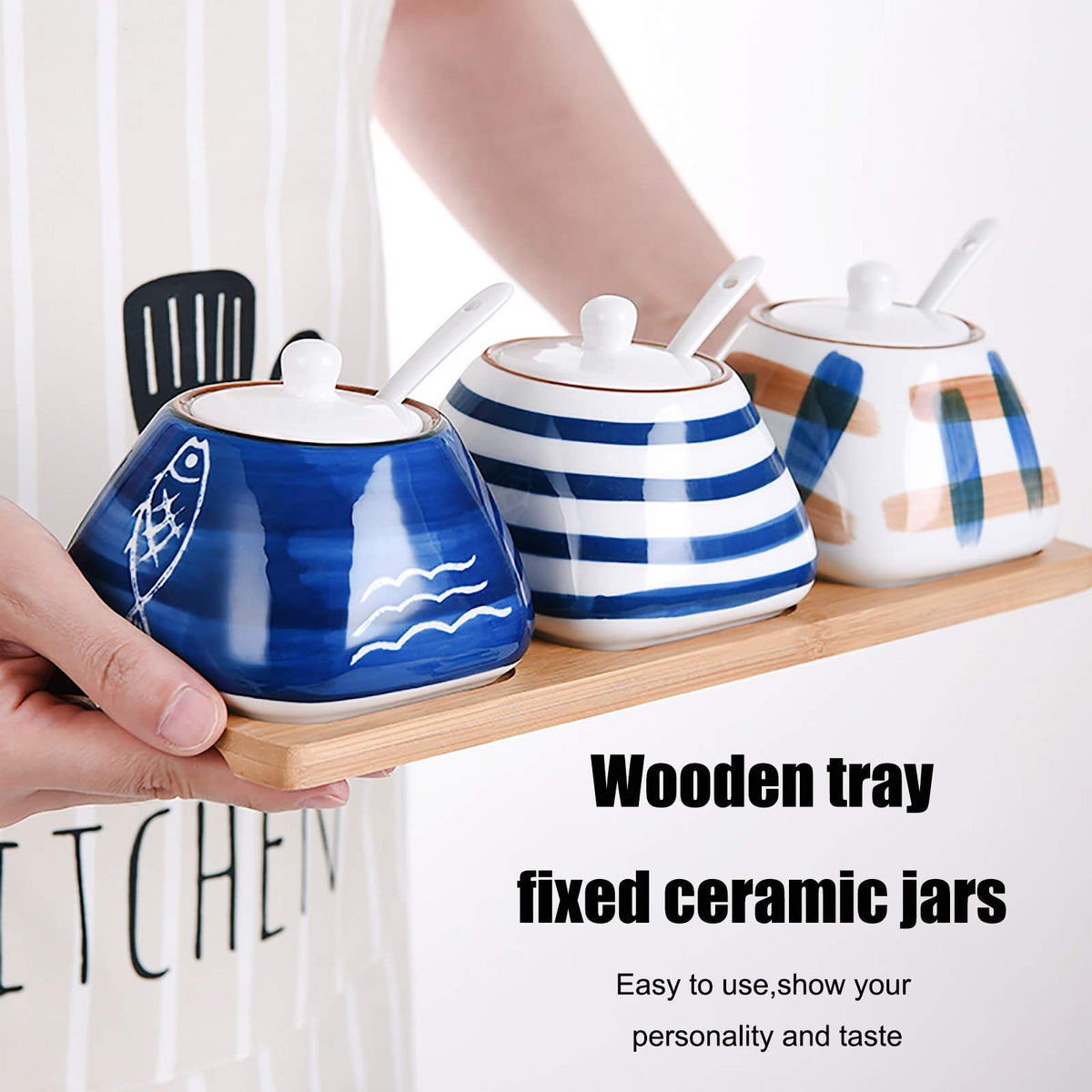 DGVR Porcelain Condiment Jar Spice Container with set of 3 Ceramic Condiment Pot Seasoning Box with Ceramic Serving Spoon and Lid - Bamboo Tray Porcelain Sugar Bowl for Home Kitchen 300ml (10.6oz)
