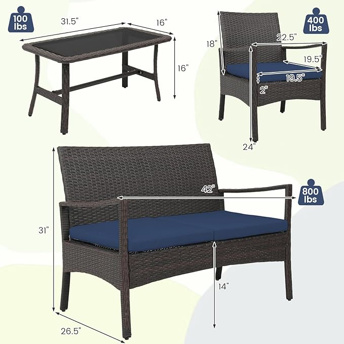 Tangkula 4 Pieces Outdoor Conversation Set, Patio PE Wicker Sofa