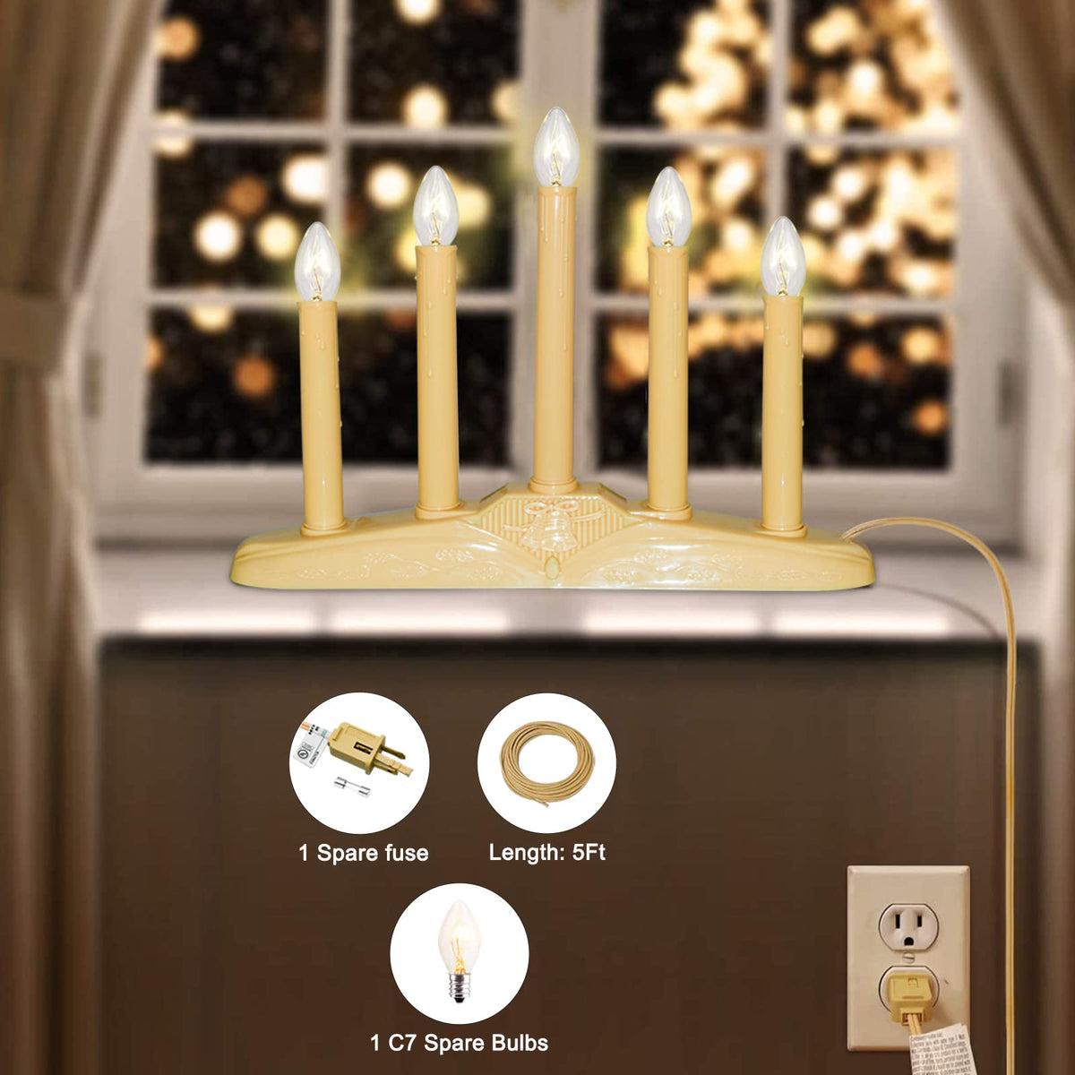 Oviejo 5 Light Window Candle Electric, Christmas Electric Candoliers with Ivory Plastic, Plug in Electric Window Candle Lamp with 6 Clear C7 Bulb (1 Spare Bulb), 5 Watt, Flameless Window Candles