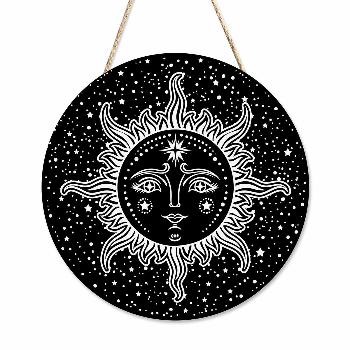 Beabes Farmhouse Front Porch Decor Door Hanging Black White Sun Stars 12in Round Wooden Hanging Housewarming Home Decor Present