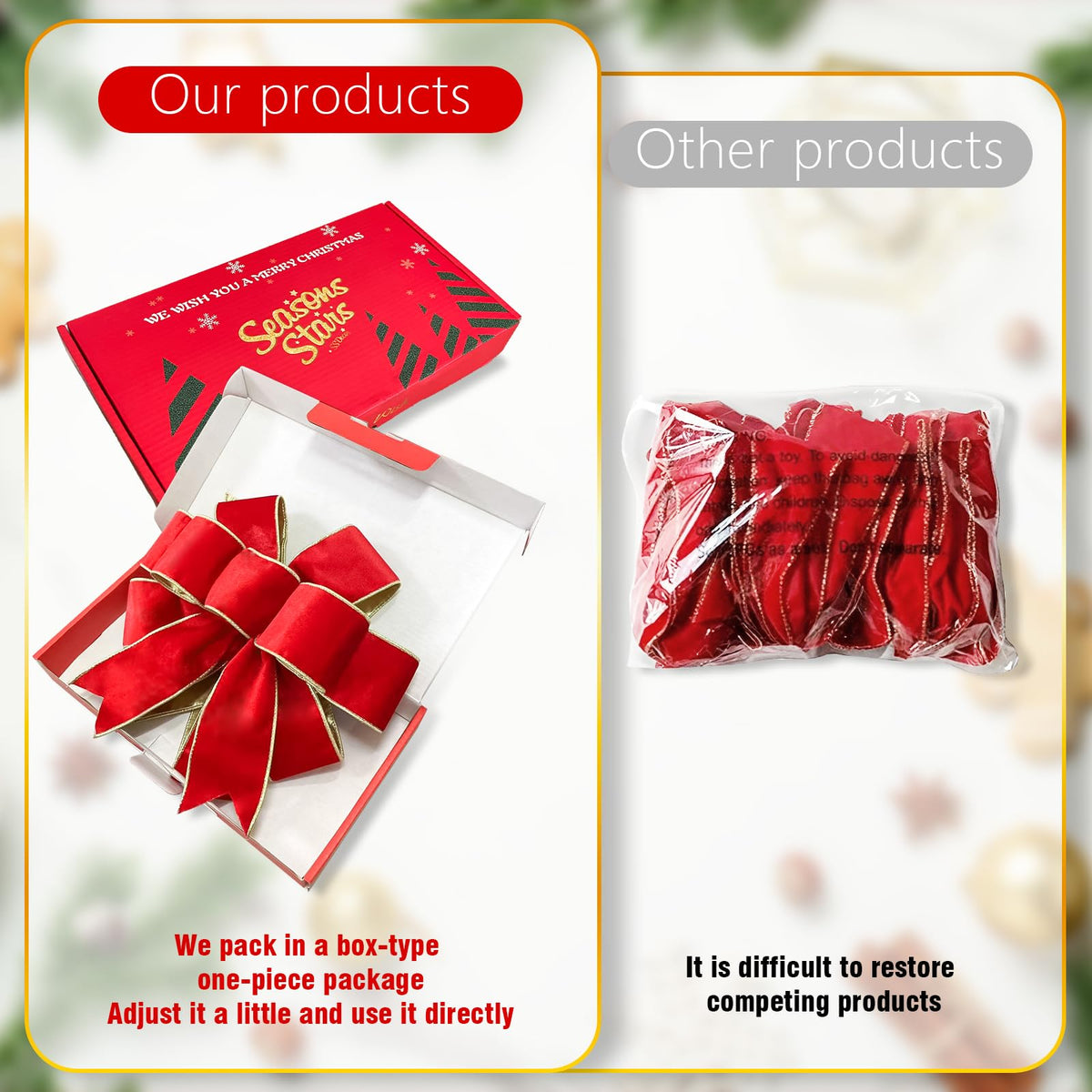 Red Velvet Christmas Bows with Gift Box, Gold Wired Red Bows for Wreath Floral, Christmas Tree Topper, Outside Bowknot Red Bow for Car Wall Garden Yard Front Door
