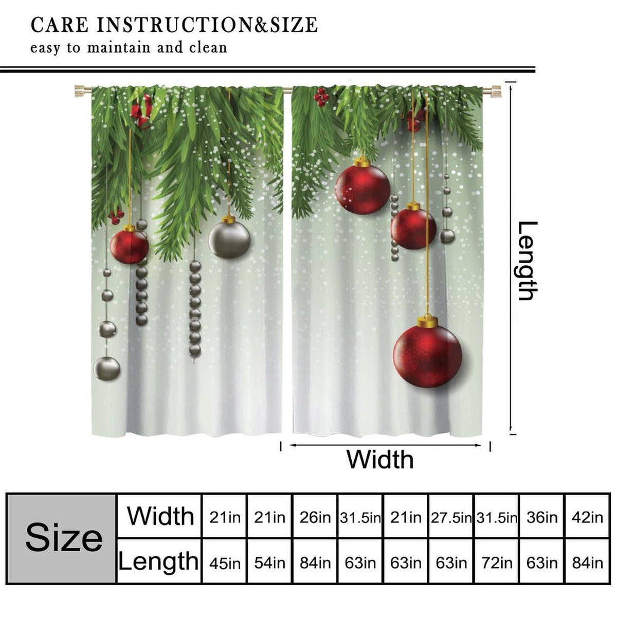 Christmas Curtain Decor Ball Coniferous Pine Tree Twig Tinsel Merry Xmas Window Treatment for Living Room Bedroom Dining Home Decor Window Drapes 42" W X 45" L