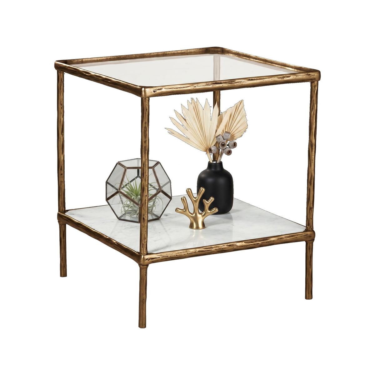Signature Design by Ashley Ryandale Square Accent Table for Living Room, Sand‑Casted Aluminum Frame With Brass Finish, Glass Top and White Marble Shelf, 21" Size
