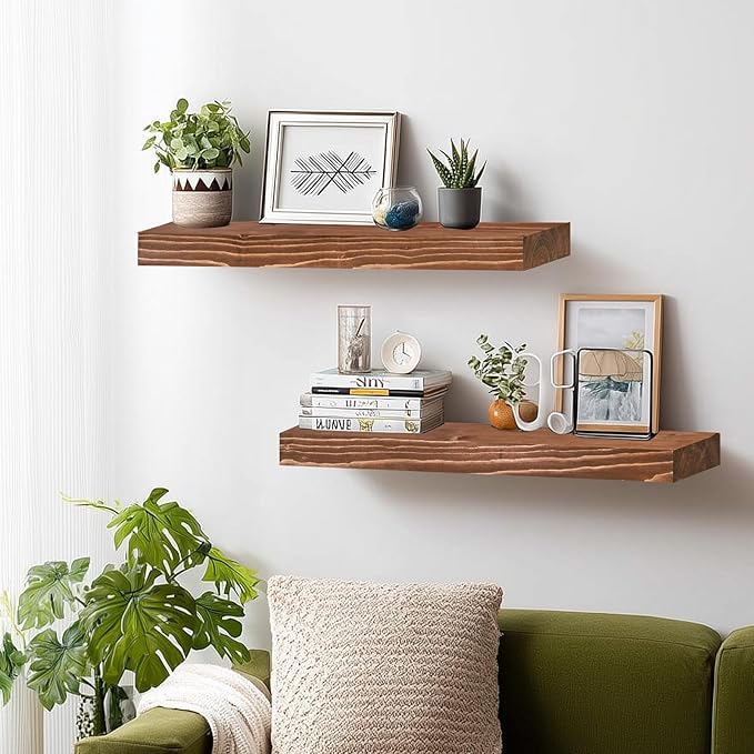 24x8x1.6 inch Floating Shelves Set of 2 – Solid Wood Rustic Brown Wall Mounted