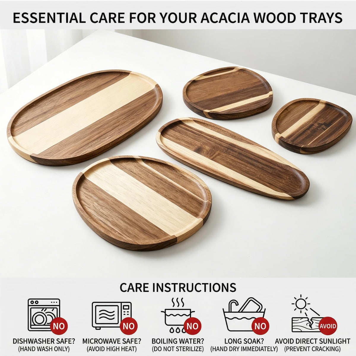Okllen Set of 5 Small Acacia Wood Serving Platter and Trays, Irregular Oval Solid Wood Plates Serving Tray, Lightweight Wood Dinner Plates for Breakfast, Coffee, Tea, Snack, 6.3~11.7" L, 5.1~8.2" W