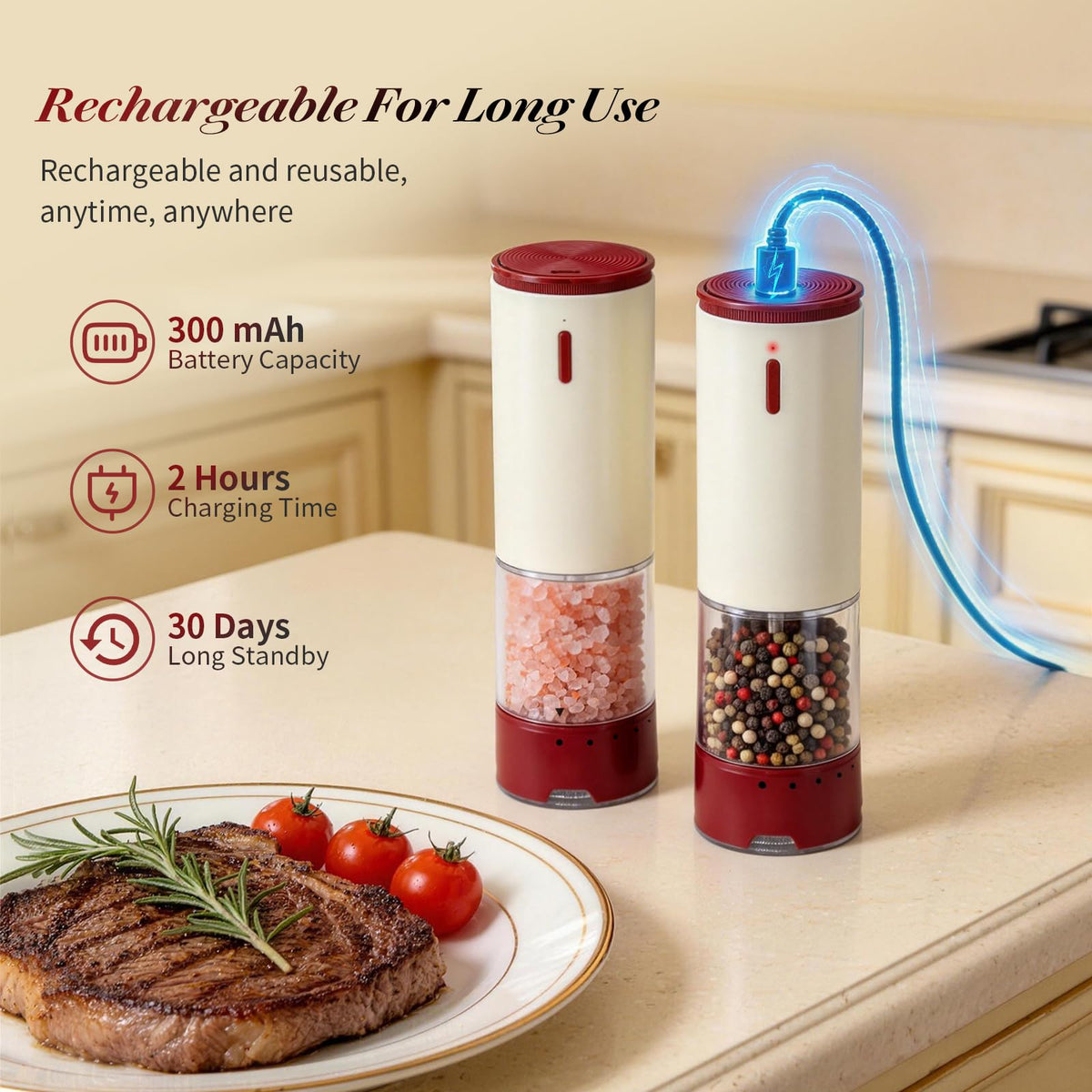 Electric Salt and Pepper Grinder Set Automatic Rechargeable Salt and Pepper Shakers Kitchen Appliances with Storage Base External Adjustable Coarseness & Upgraded Large Capacity for Mom Gifts-2 PCS