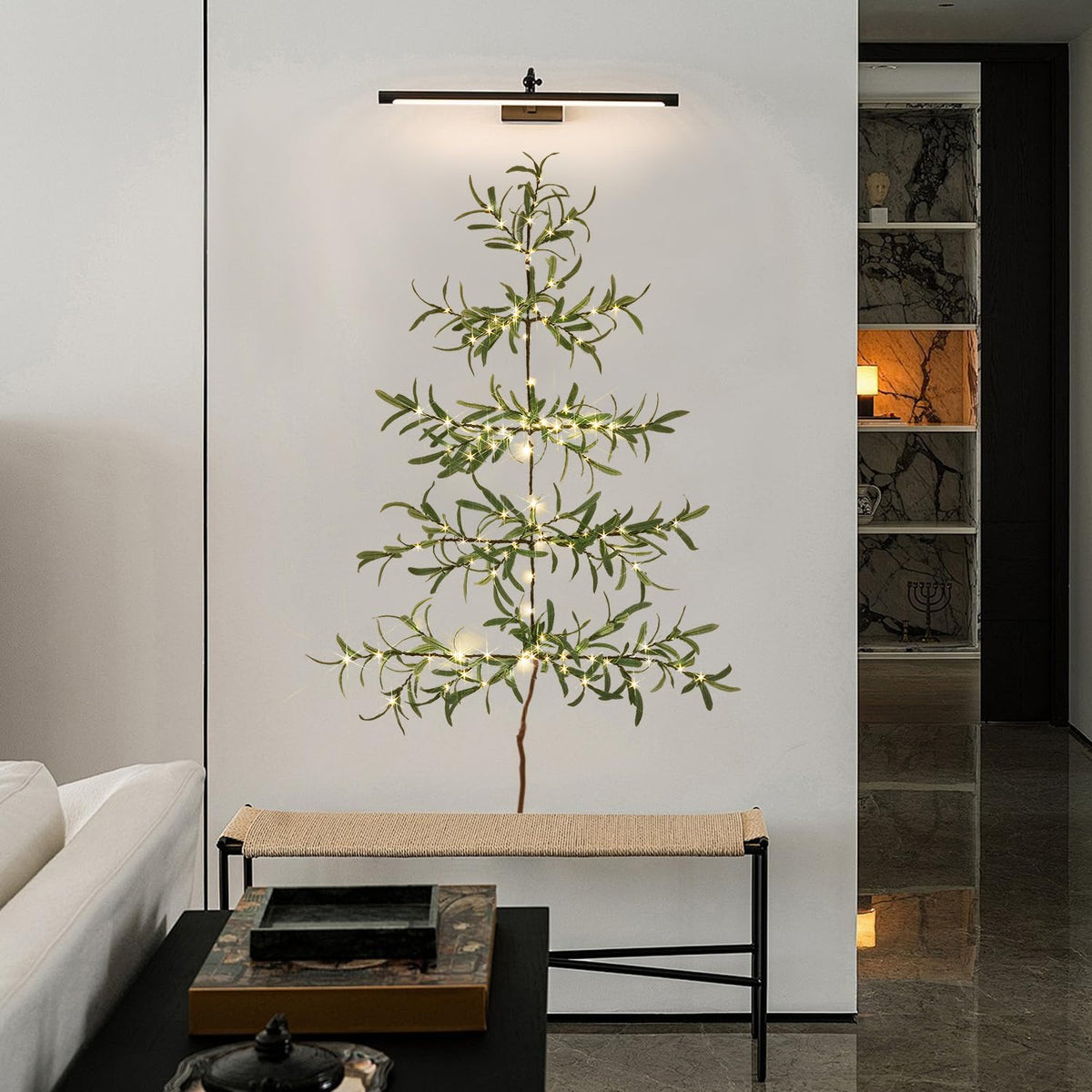 Fudios Olive Wall Christmas Tree with Lights 140 LED 3.5FT Prelit Hanging Greenery Branch Garland with Timer for Home Window Christmas Holiday Decoration