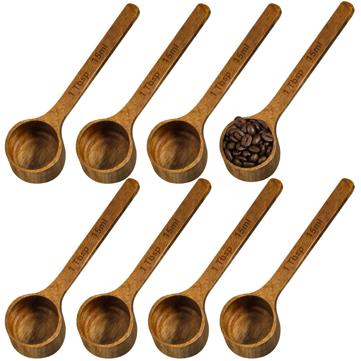 8 Pcs Wooden Measuring Scoops, 15ml/1Tbsp Wooden Scoops for Canister Jars, Acacia Wood Coffee Ground Measure Scoop Set, Kitchen Accessories for Coffee Beans Tea Sugar Bath Salt Washing Powder
