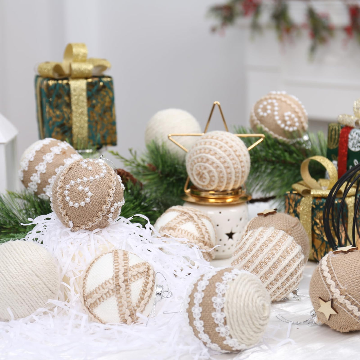 12PCS Christmas Ball Ornaments, 3.14"/80MM Boho Shatterproof Christmas Tree Hanging Ball Decorations, for Home Indoor Farmhouse Xmas Vase Bowls Filler Centerpiece Rustic Decor