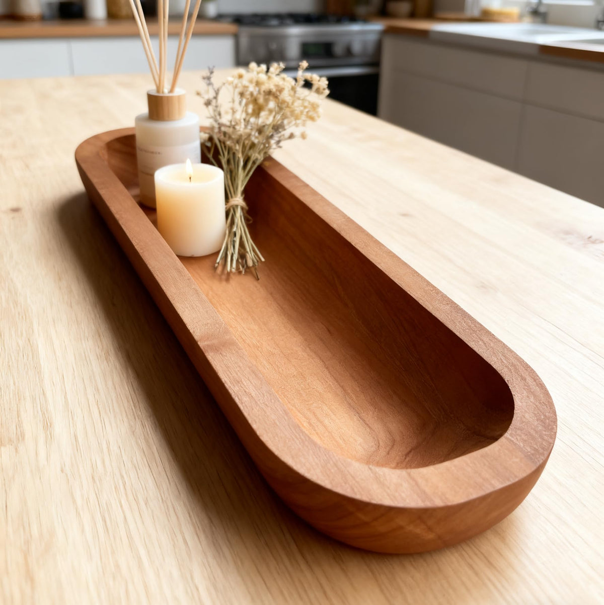 Phinicco Stained Wood Dough Bowl - 15.8" x 5" x 2" Oblong Decorative Tray, Hand-Carved Farmhouse Centerpiece for Coffee Table, Mantel & Entryway Display