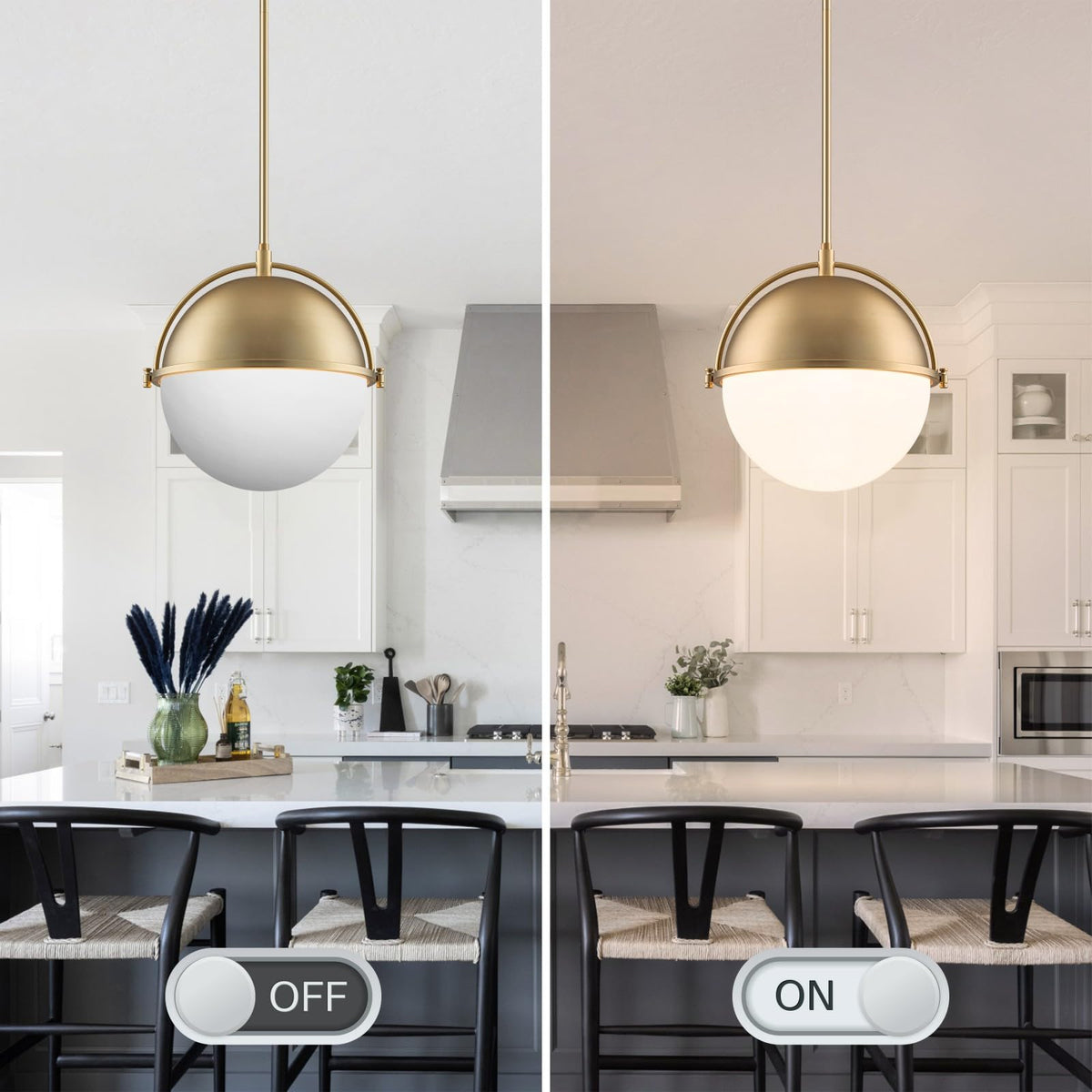 LOZOHOM 11.4 Inch Gold Globe Pendant Light Fixtures,Mid Century Modern Pendant Lights Kitchen Island with Milk Glass Shade, Adjustable Hanging Light Fixture for Kitchen Dining Room Bedroom Bathroom