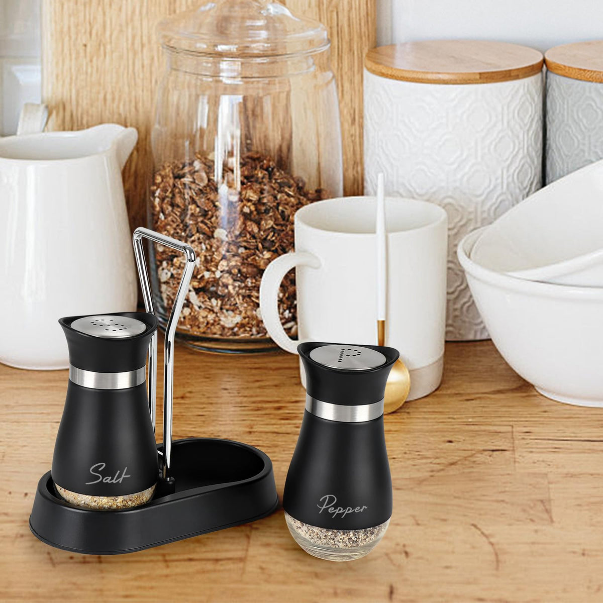 Accmor Salt and Pepper Shakers Set with Holder, 4 oz Stainless Steel Salt Pepper Shaker Containers with Glass Bottom for Kitchen Cooking, BBQ, Bar, Table, RV, Camp