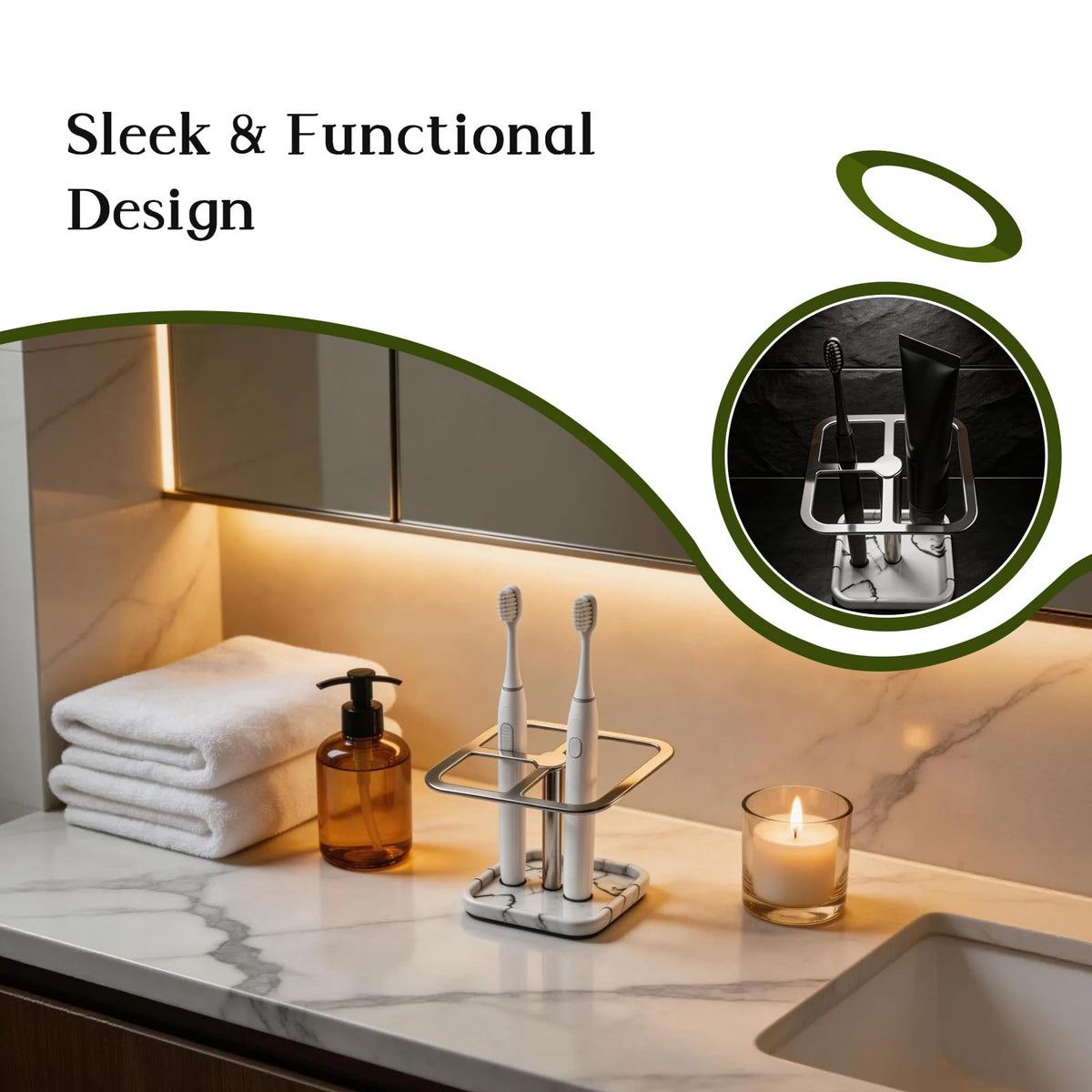 Toothbrush Holders for Bathrooms, Toothbrush and Toothpaste Holder - Modern Stainless Steel Stand with White Marble Base, Countertop Organizer for Bathroom Vanity
