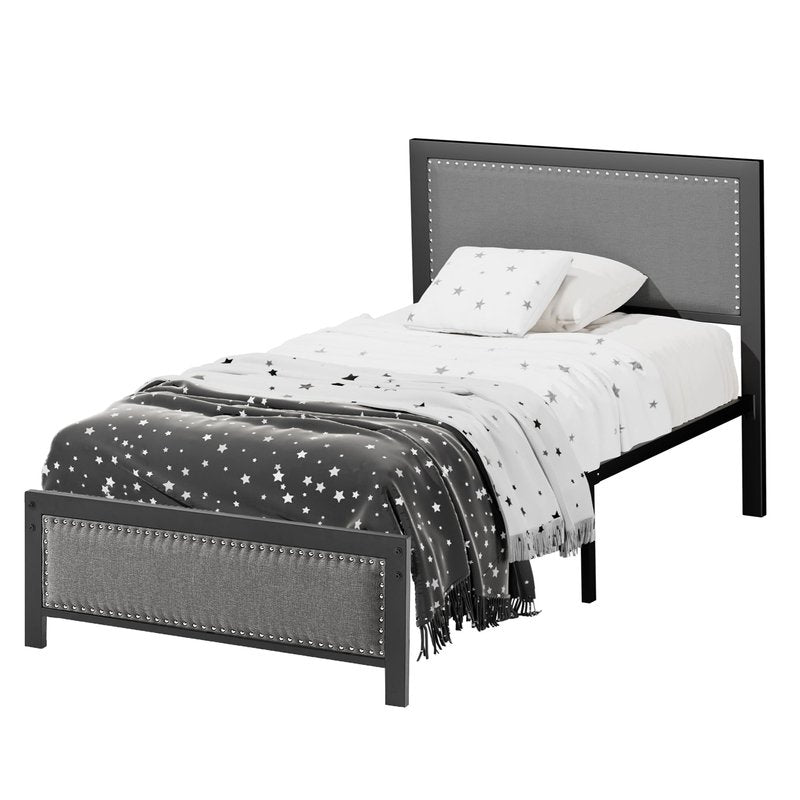 VECELO Twin Size Bed Frame with Upholstered Headboard, Heavy-Duty Platform with Strong Steel Slats, No Box Spring Needed, Easy Assembly, Black&Grey