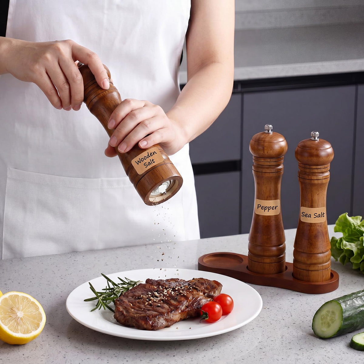 Hushee 6 Pcs Rubber Wood Salt and Pepper Grinder Set, 8 Inch Adjustable Coarseness Manual Pepper Grinder, Refillable Spice Grinders with Tray, Spoon & Cork Labels for Kitchen, BBQ, Camping