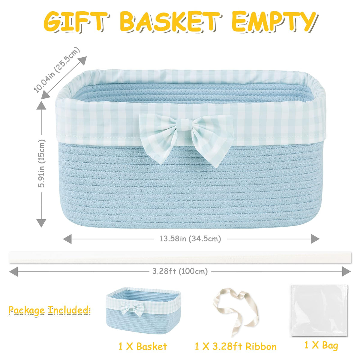 OIASKET Basket for Gifts Empty, Large Gift Basket 13L with Gift Bag and Ribbon, Woven Cotton Basket for Baby Showers, Birthday, Wedding, Mother's Day, 13.58"x10"x5.9", Blue