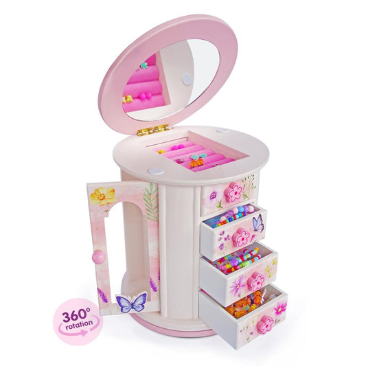 Tiny Gem - Spinning Jewelry Box for Girls Ages 2-18; Little Girl and Toddler Birthday and Christmas Gift; Flower and Butterfly White and Pink Wood Jewelry Box and Organizer; Room Decor for Accessories