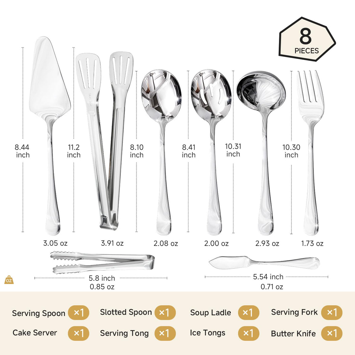 HIKAA 8PCS Serving Utensils Set, 18/10 Modern Serving Utensils Set for Kitchen, Stainless Steel Serving Utensils, Slotted Spoons, Forks, Tongs, Cake Server, Butter Knife for Buffet, Catering, Wedding