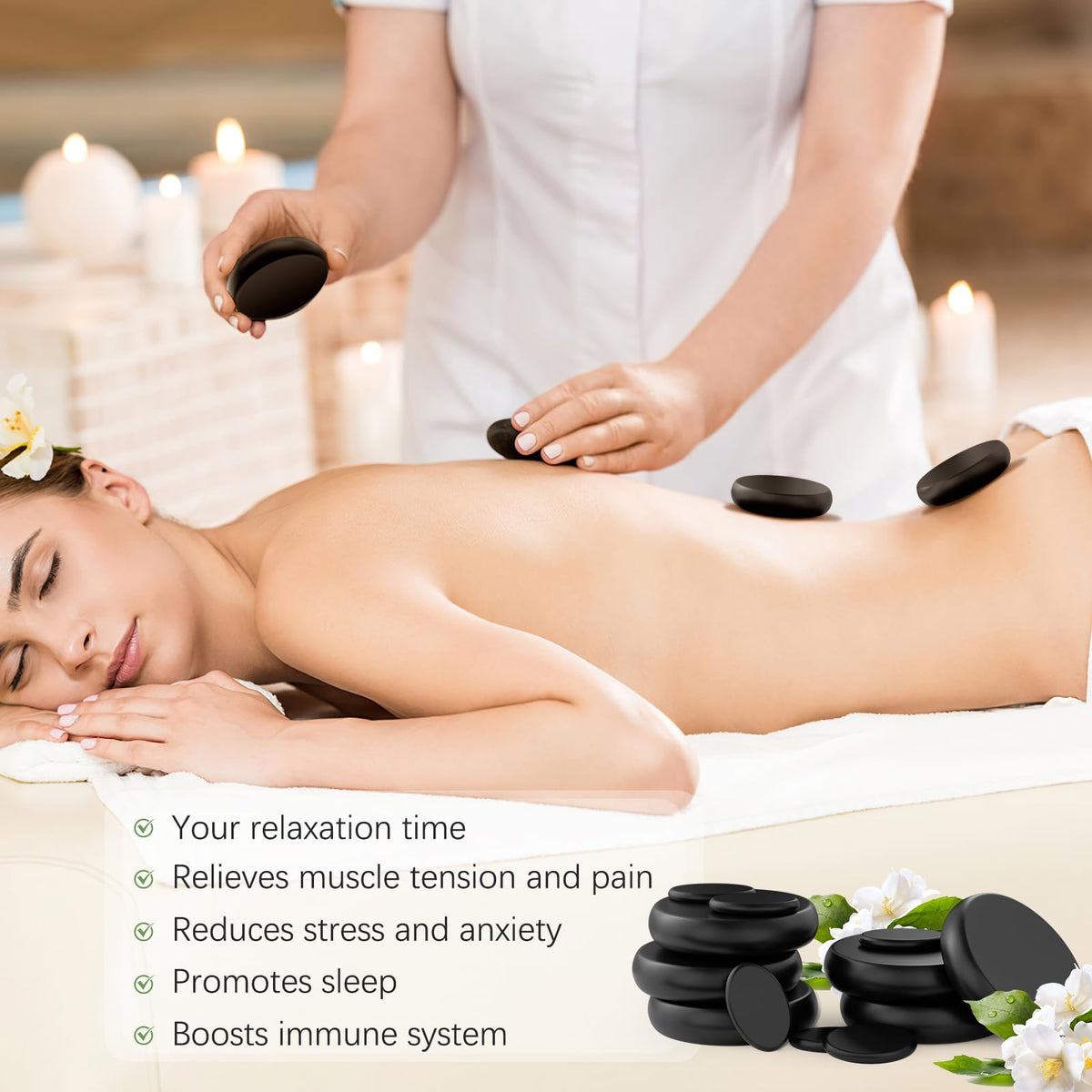 GLXPJU 12Pcs Hot Stones Massage Set with Temperature Adjustment，Hot Rocks Massage Stones Set with Warmer Kit， Basalt Hot Rocks Stone for Spa-Lymphatic Drainage, Relieve Tension and Muscle Pain