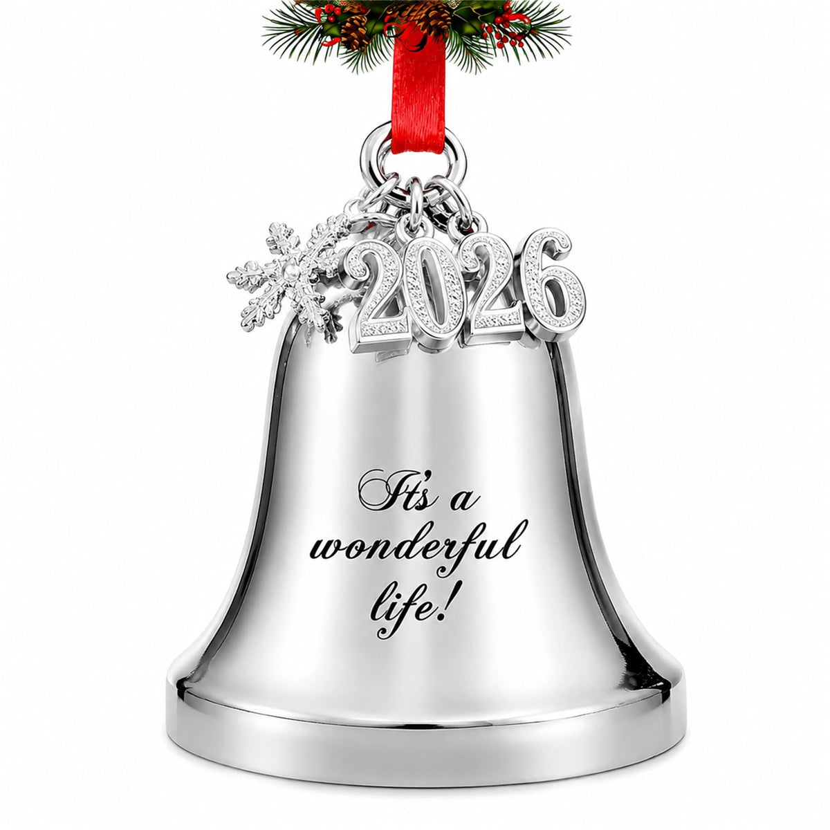 JUPPE It's a Wonderful Life Silver Bell Christmas Ornament, 3 Inch Metal Holiday Tree Decoration with Snowflake Topper, 2026 Charm and Red Ribbon (Silver)