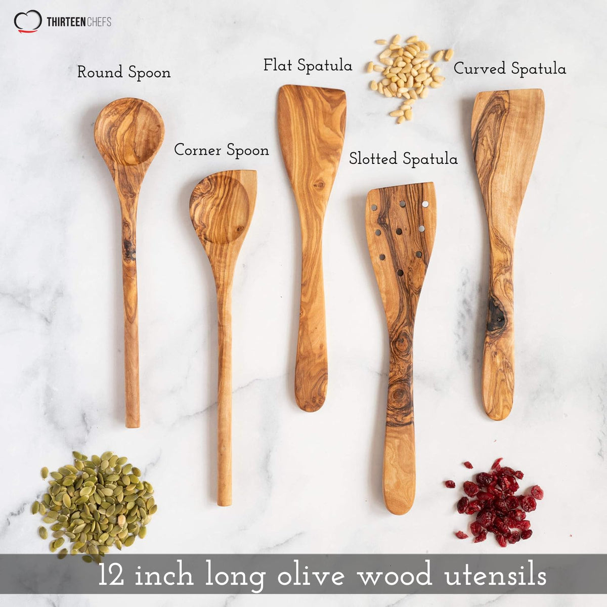 Tramanto Olive Wood Utensil Set - 5 Piece Spatula and Spoon Wooden Cooking Tools, 12 Inch Long, Rustic Hand Made with Gift Box