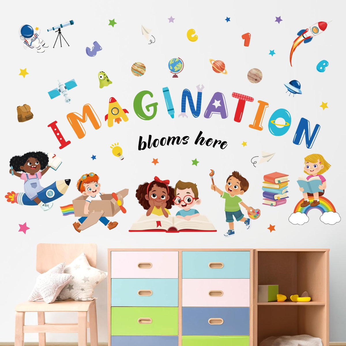 wondever Kids Inspirational Quotes Wall Decals Imagination Blooms Here Reading Corner Education Peel and Stick Wall Art Stickers for School Classroom Kids Room