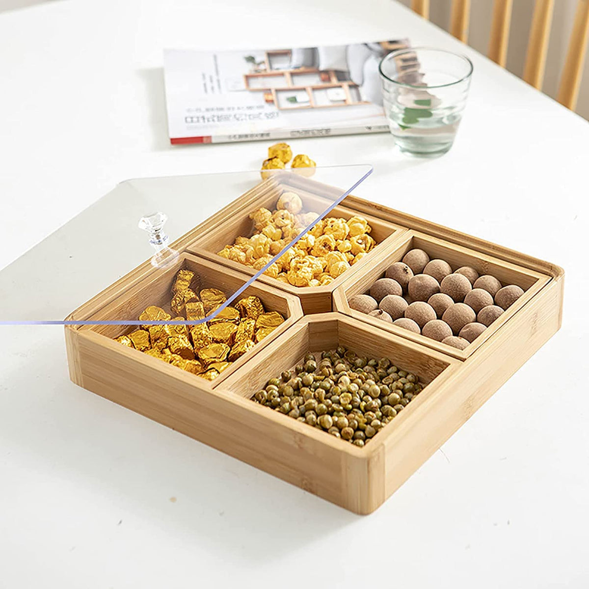 WUWEOT Bamboo Nut and Candy Serving Tray, Party Appetizer Platter Veggie Dish, Candy Bowl with Acrylic Lid & Removable Dividers for Party, Taco Dip Parties Platters & Chip Bowls