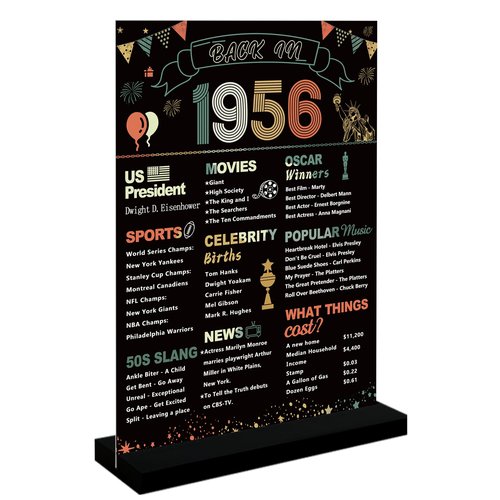 DARUNAXY 70th Birthday Party Decorations, Colorful Vintage 1956 Poster Acrylic Sign with Stand 70 Years Old Party Supplies for Men & Women Back in 1956 Table Decor 70th Anniversary Class Reunion Gifts