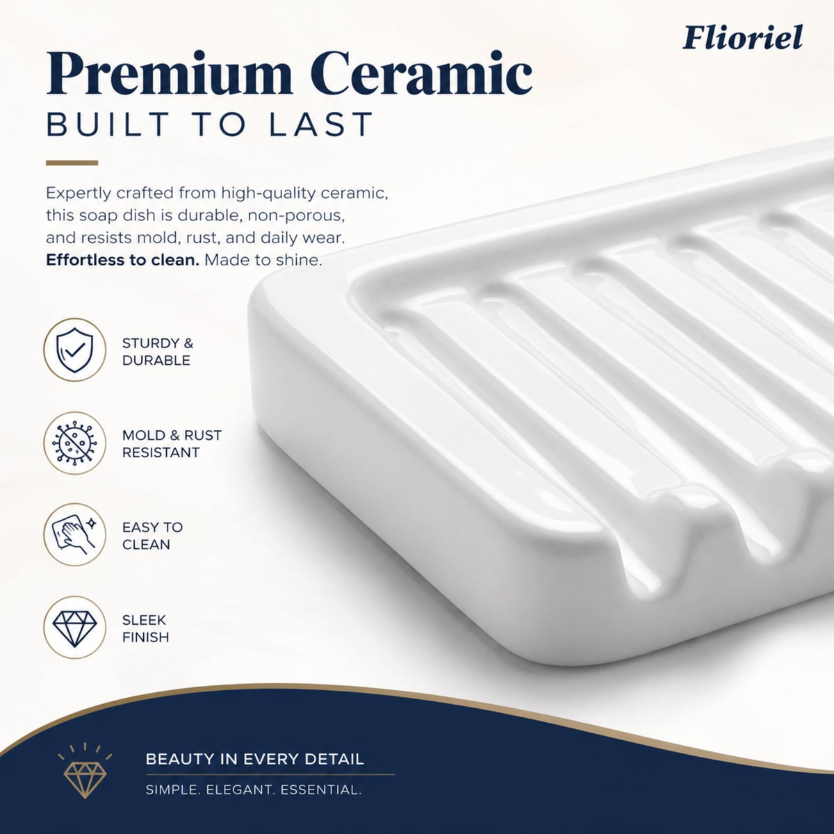 Flioriel White Ceramic Soap Dish, Self Draining Soap Holder for Shower & Bathroom Sink, Porcelain Soap Tray with Anti-Slip Silicone Pads, Easy to Clean & Keep Soap Dry, Modern Minimalist (White)