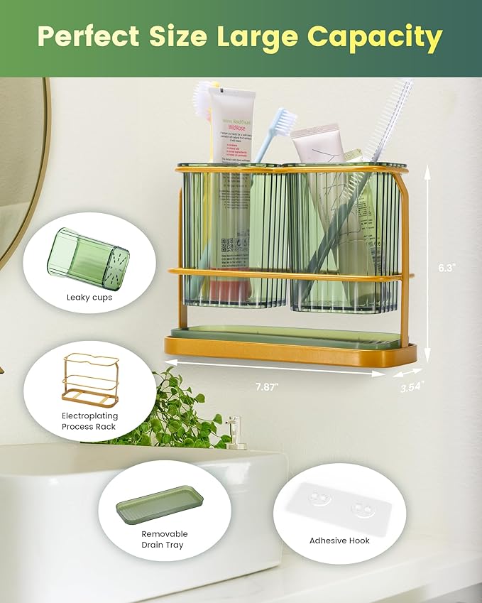 KONE Green Toothbrush Holders for Bathrooms, 2 Cups Toothbrush Holders Wall