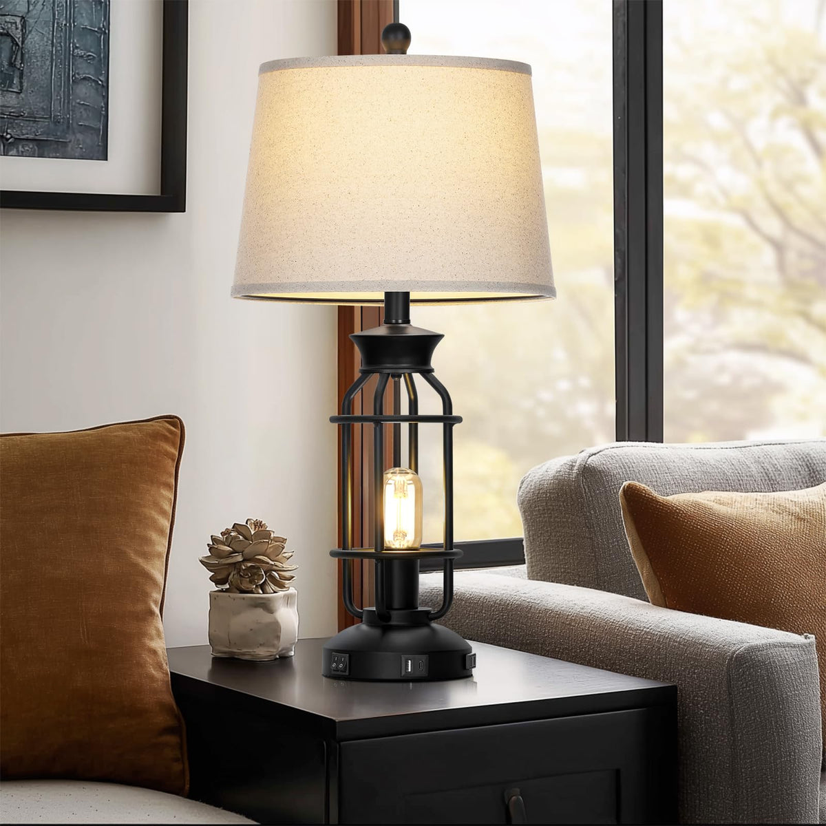 28" Vintage Table Lamps with USB C+A Ports & AC Outlet, Industrial Farmhouse Table Lamp Set of 2, Black Modern Nightstand Beside Lamps with 2 Night Light for Living Room Bedroom(4 LED Bulbs Included)
