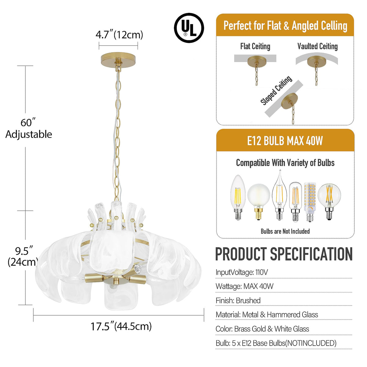 Wrlmfy Hammered Alabaster Glass Chandelier, 18" Hand-Blown Glass Pendant Brass Gold Hanging Lighting Fixture for Kitchen Island Dining Living Room Entryway, E12 Base (Gold & White Hammered Glass)