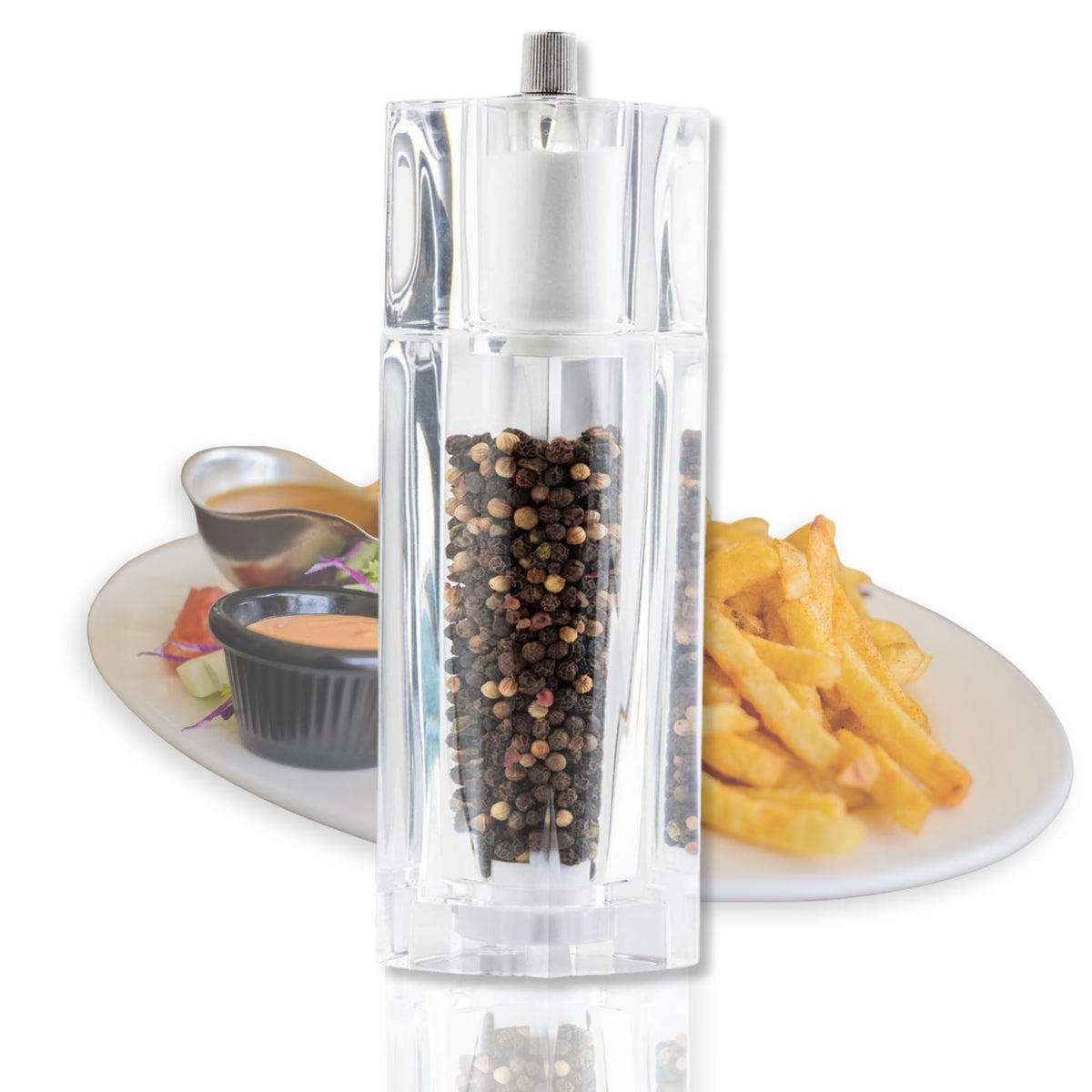 TableCraft 11832, Acrylic Salt and Pepper Mill Combo, 2-in-1 Grinder and Shaker, Clear, 30ml Shaker / 75ml Grinder, Break-Resistant, Square Design, Commercial Foodservice Grade