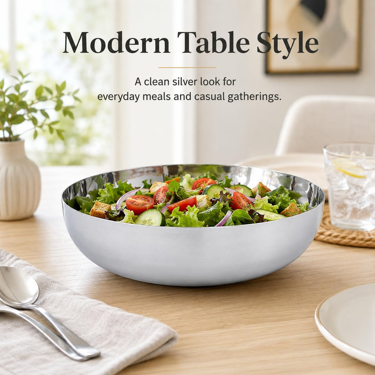 IMIKEYA Stainless Steel Serving Bowl 9.5 Inch Round Food Mixing Bowl for Salad Fruit Soup Pasta Ramen Basin Kitchen Accessory Home Decor