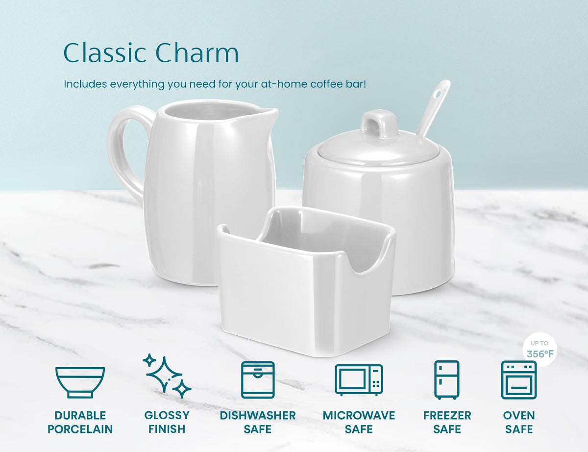 KooK Sugar and Creamer Set, 3 Piece, Pitcher, Sugar Bowl with Lid and Spoon, Sweetener Holder (White)