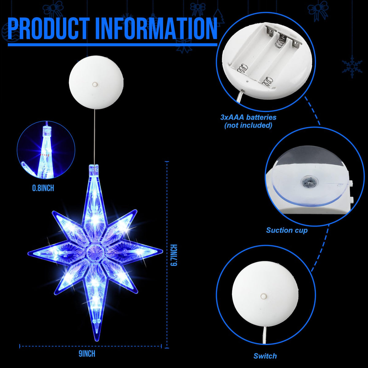 VIHOSE 3 Pcs 10.6 Inch Bethlehem Christmas Window Lights Plastic LED Lighted Christmas Window Silhouette Lights Large Hanging Xmas Tree Ornaments (Blue)