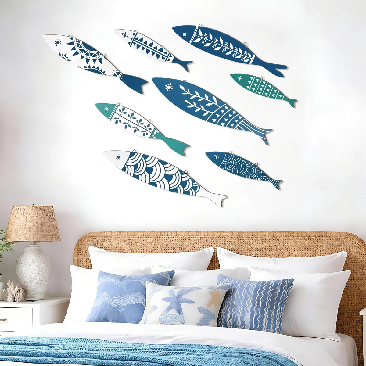 Novabright 8 Pcs Wooden Fish Wall Decor Nautical Oceans Beach Decor Fish Hanging Wall Art Ocean Coastal Rustic Farmhouse Theme for Home Ocean Lake House Bathroom Bedroom
