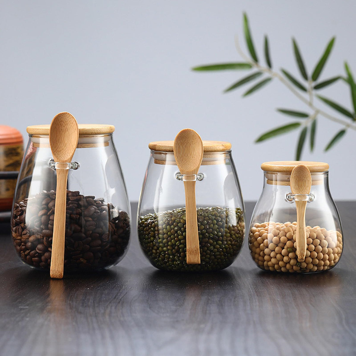 DNIENKGE Airtight glass jar storage container with bamboo lid Set of 2, wide mouth, leak-proof, With a spoon, can be used for coffee beans, tea leaves, grains, dried fruits, etc (Small)