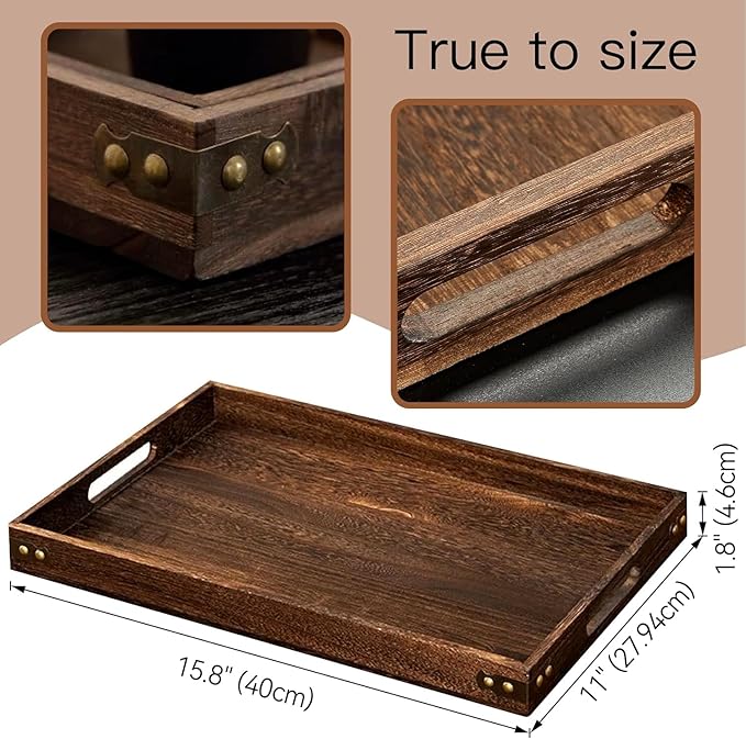 Serving Tray with Handles, 15.8"x 11" Wood Decorative Tray