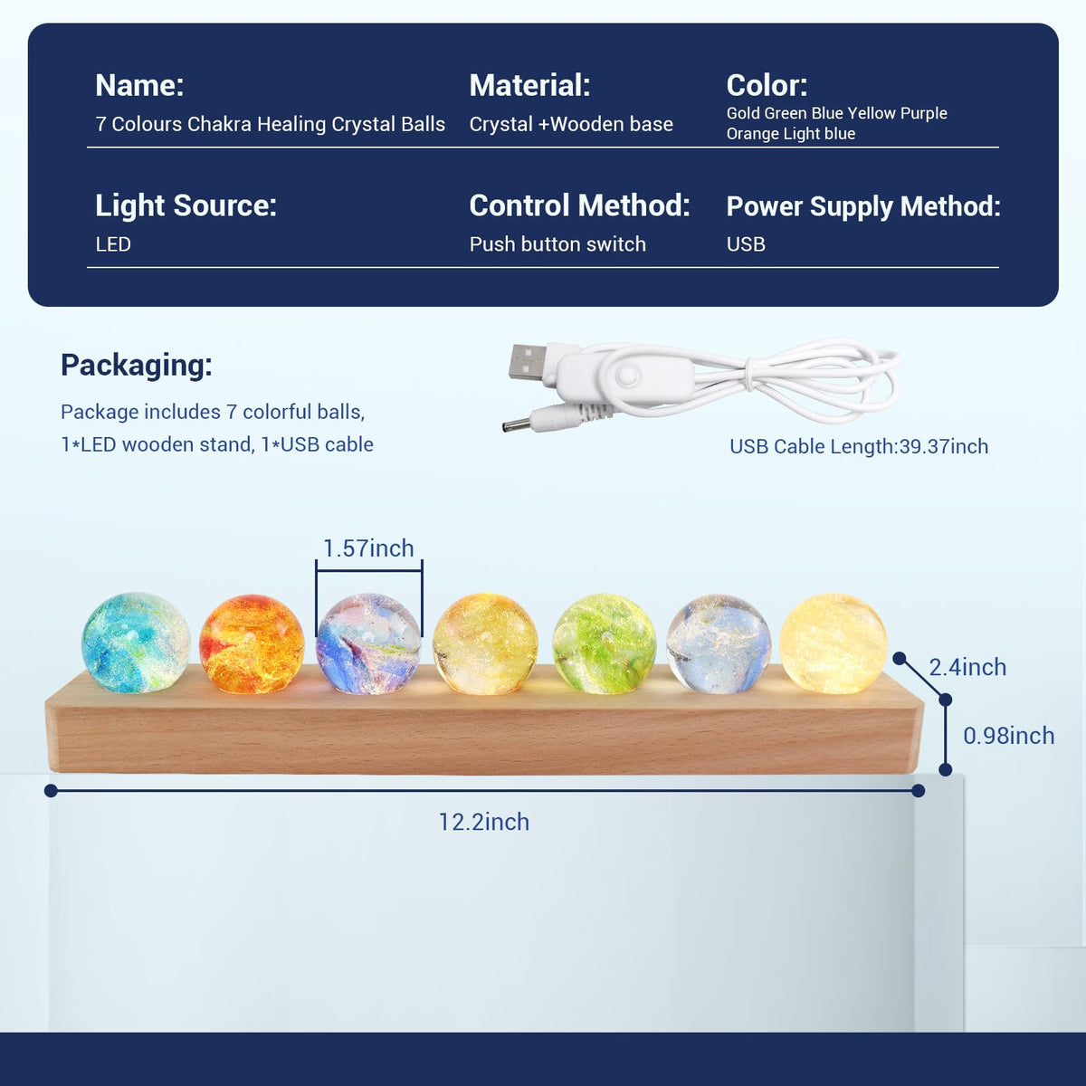 LOSCHEN 7 Chakra Natural Healing Spheres with LED Wooden Stand 40mm Crystal Quartz Stones for Meditation Energy Balancing Decor, Yoga Zen Home Office Desk Ornament