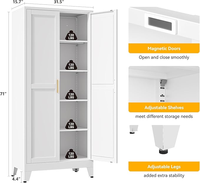 YAUWOH 71''Metal Cabinet with 4 Adjustable Shelves, 5-Tier Pantry Storage