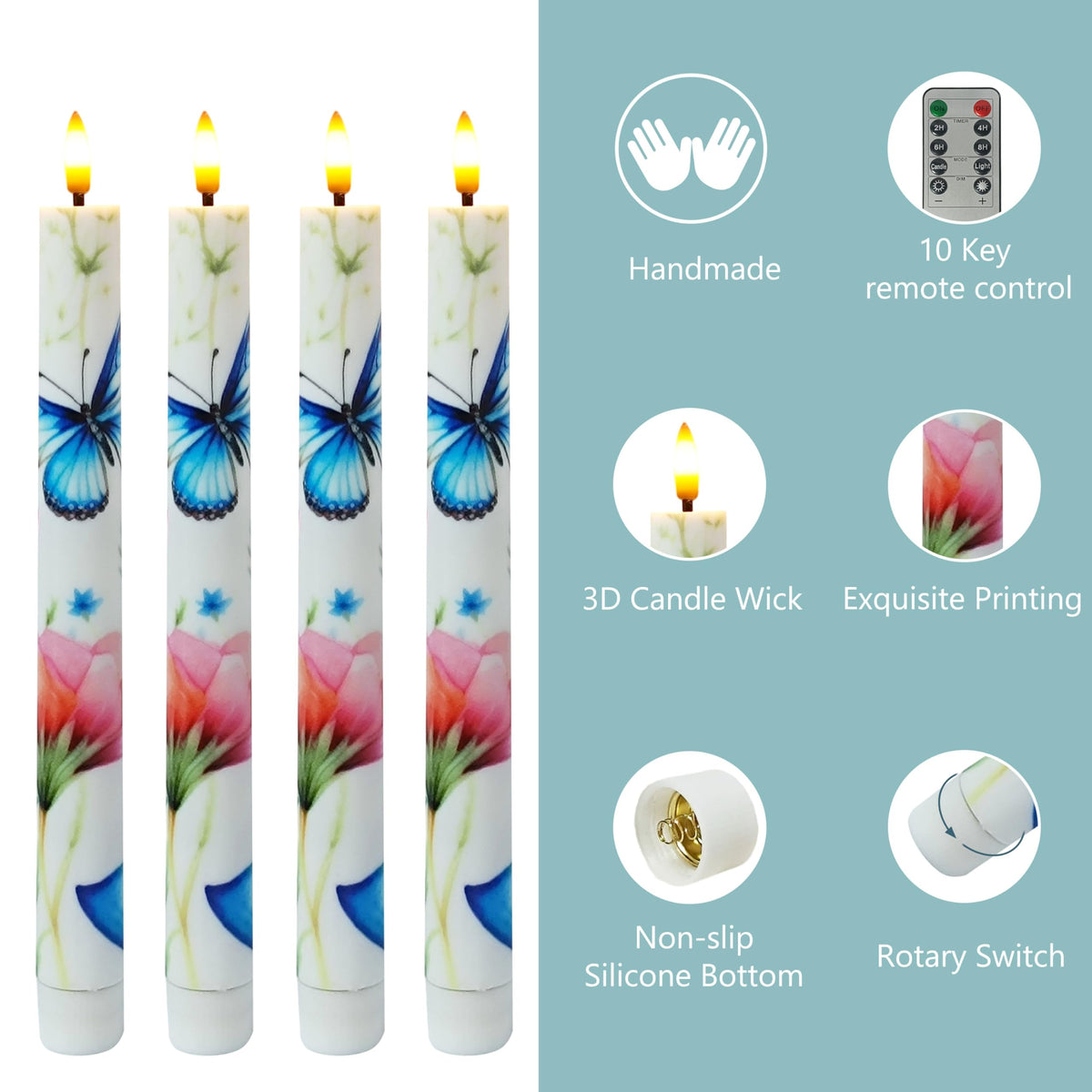 SEUCRWAX 10 Inch Flameless Taper Candles,LED Candlesticks Battery Operated with 10-Key Remote and Timer,4p Flame Lights for Wedding Decoration Party(Butterfly)