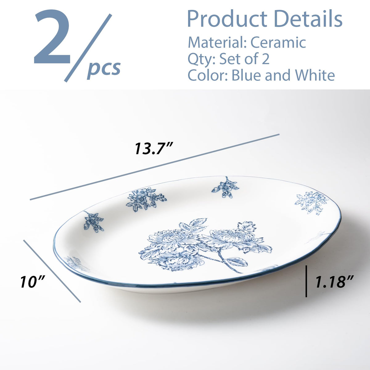 Magclay Ceramic Serving Platter, 13.7 Inch Large Oval Serving Trays, Dinner Plates, Dish Set for Dessert Appetizers Meat/Entertaining/Party, Blue and White, Set of 2