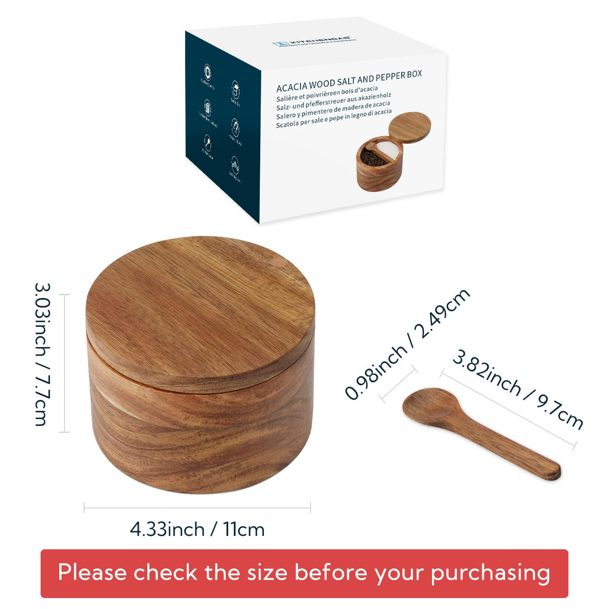 KITCHENDAO Acacia Wood Salt and Pepper Bowl Box, Built-in Spoon, Two Compartments Spice Seasoning Container, Sea Salt Cellar Holder, Magnetic Swivel Lid, Dual 5oz Capacity