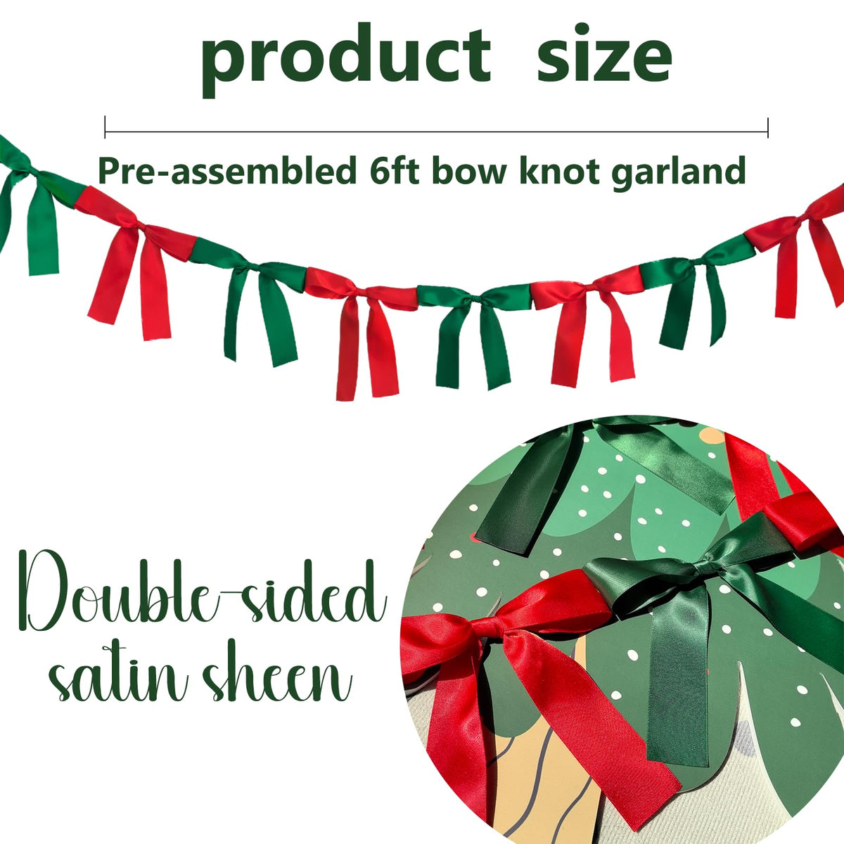 Eanjia Bow Knot Garland | 6ft Linking Satin Bow Banner with 3ft Extend Ribbon for Coquette Bachelorette Party, Baby Shower,Bridal Shower Wedding Baby Room Bed Decor (Red & Green, 6ft)
